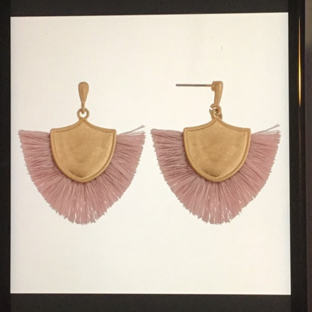 Gold Pale Purple Fan Tassel Fringe Dangle Earrings